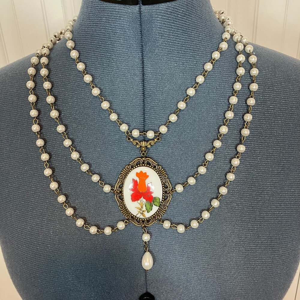 Handcrafted Vintage Floral Glass Cabochon Necklace -19" Long (Upper Necklace)